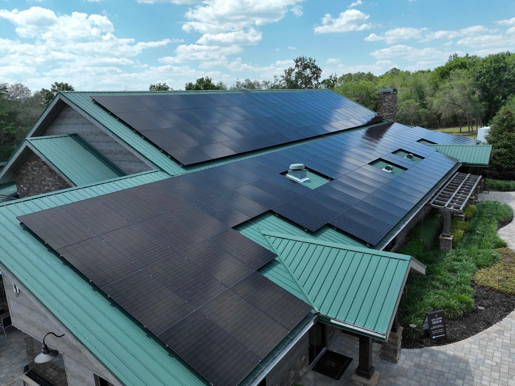 Solar array across the multi-directional pavilion roof at Black Prong Resort