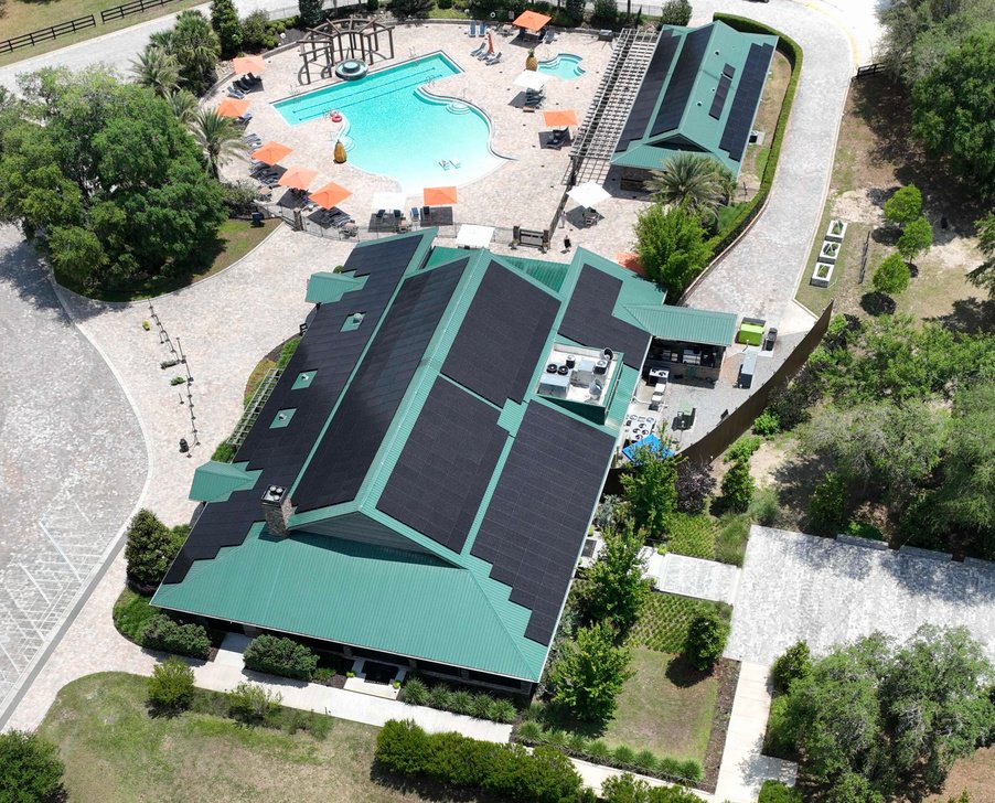 Top-down view of the pool complex and solar roofs