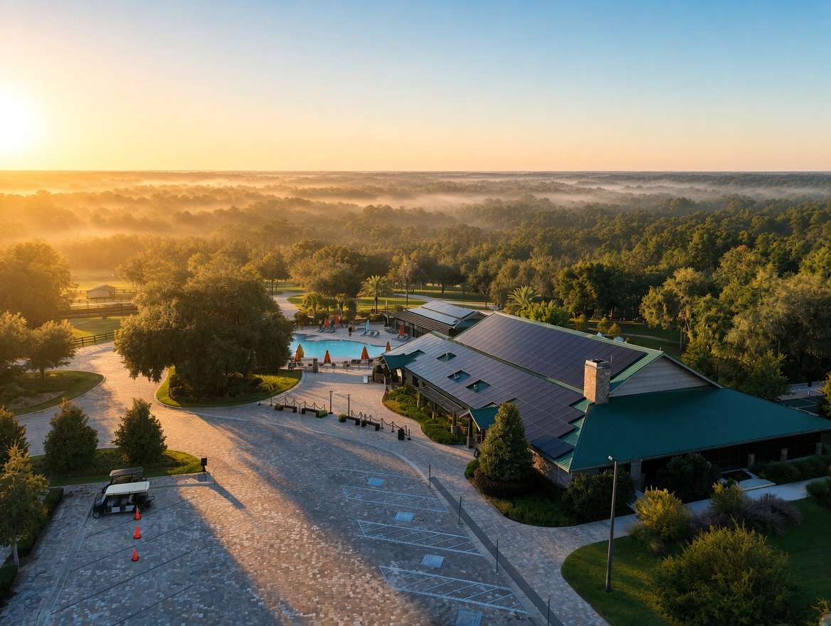 Black Prong Resort pavilion with 452-panel solar array at sunrise, Goethe State Forest beyond