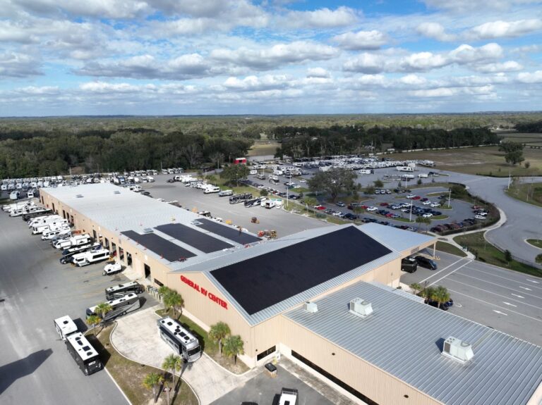 Aerial view of the General RV rooftop solar array