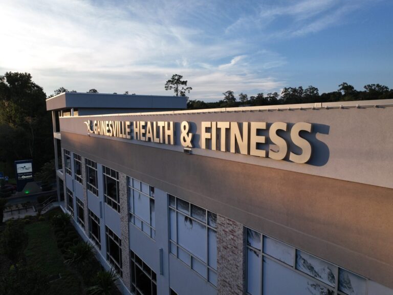 Aerial view of the 531 kW rooftop solar system on Gainesville Health and Fitness