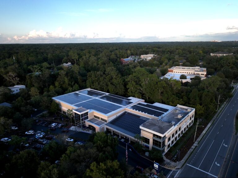 Aerial view of the Gainesville Health and Fitness rooftop solar array
