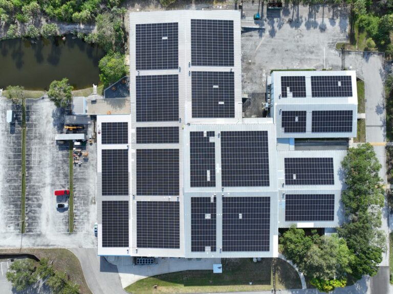 Top-down aerial view of a 1.15 MW PPM Solar rooftop array in St. Petersburg, Florida