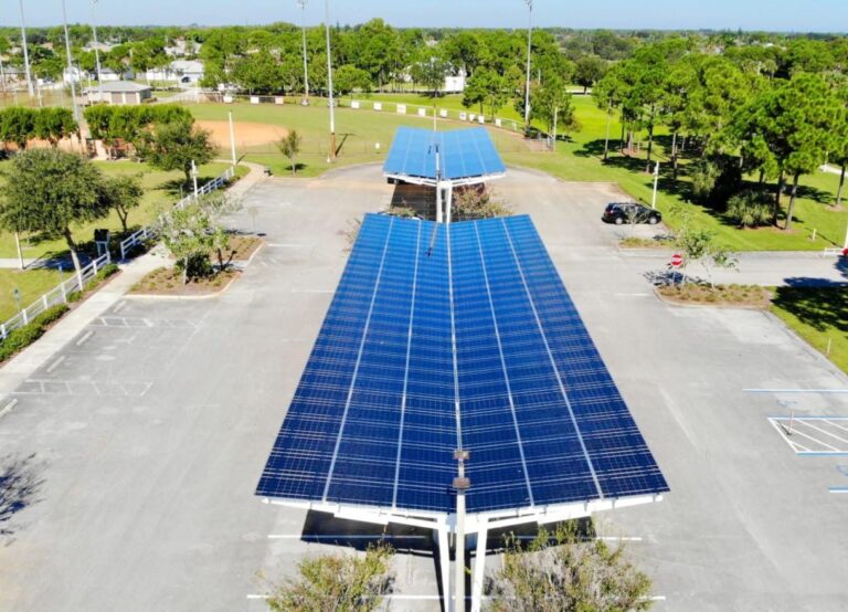 Aerial view of the solar canopy at Jessica Clinton Park