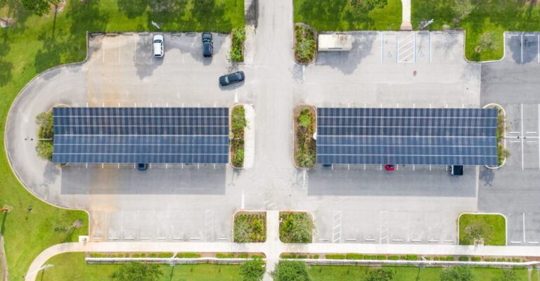 Top-down aerial of the solar canopy at Jessica Clinton Park