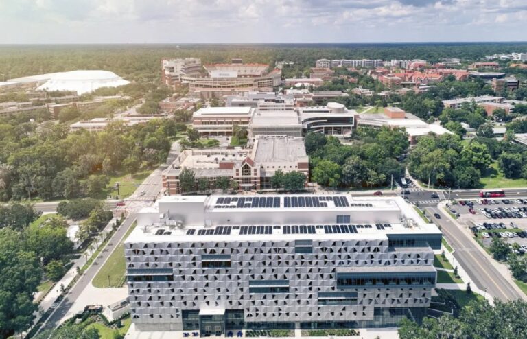 Aerial view of Malachowsky Hall at the University of Florida with its PPM Solar rooftop array