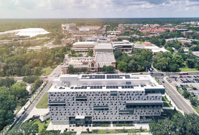 Aerial view of Malachowsky Hall at the University of Florida with a rooftop solar array