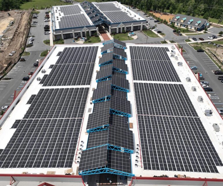 Aerial view of solar parking canopies at San Felasco Tech City