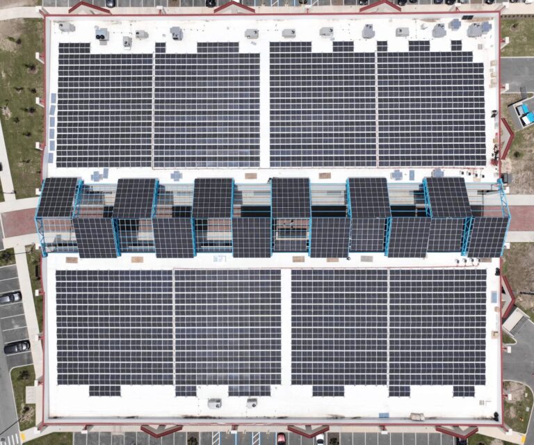 Top-down aerial of solar parking canopies at San Felasco Tech City